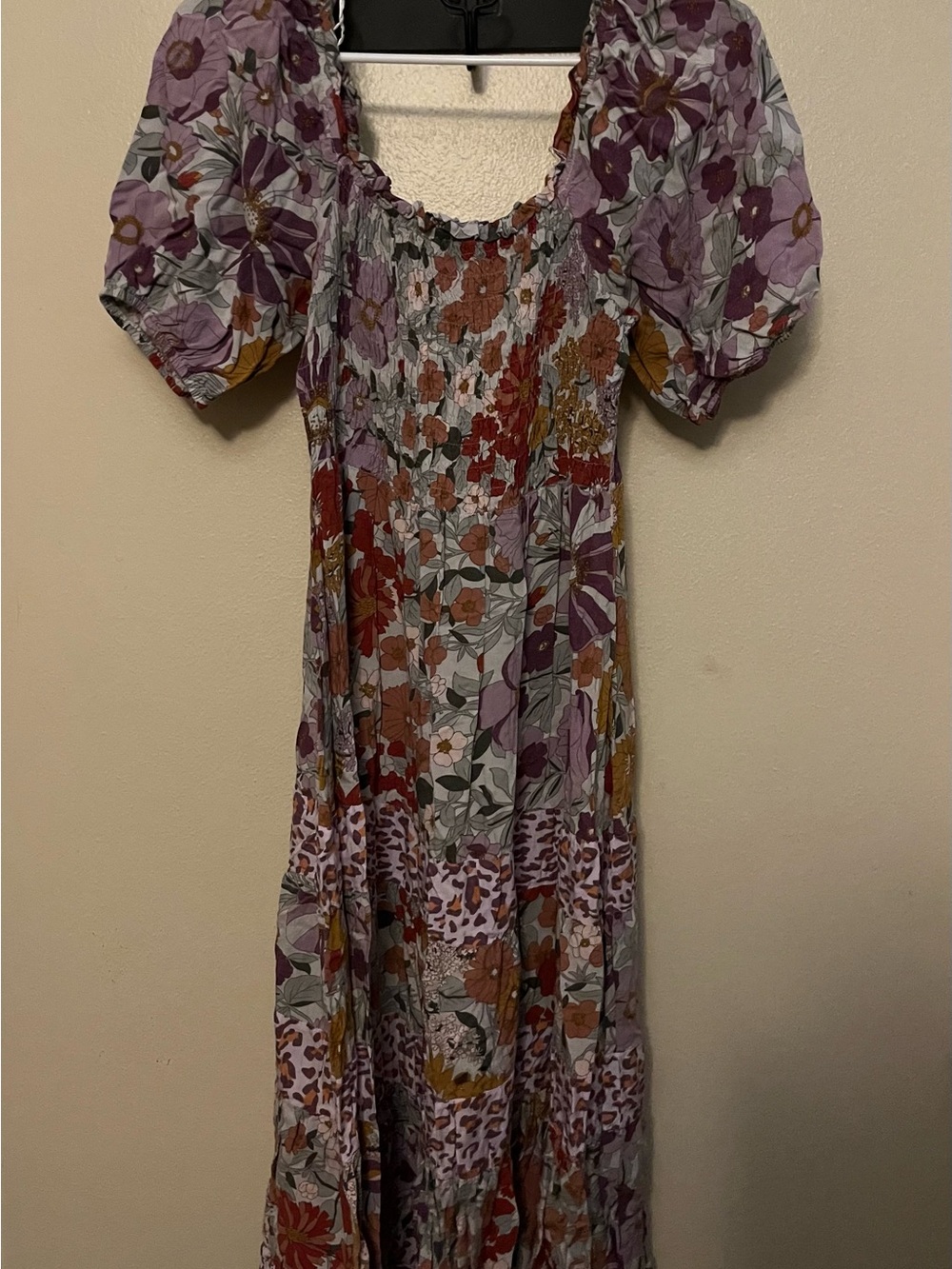 Floral Smocked Maxi Dress with Puff Sleeves in Lavender & Rust Gigio